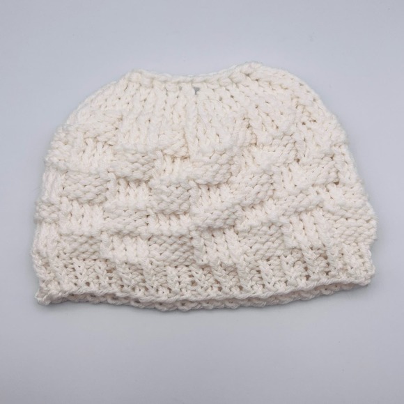 Handmade Knit Messy Bun High Ponytail Beanie Hat White Basket Weave One Size - Picture 4 of 7